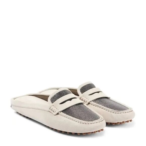 Brunello Cucinelli Monili Suede Driving Mules Beige 40 - Picture 1 of 4